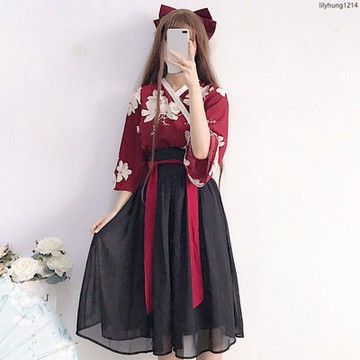 台灣出貨✨大尺碼女裝 漢元素改良少女花間瑤日常古風學生班服中國風半身裙漢服仙女民國 套裝女 大碼女裝 漢服