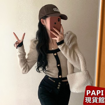 【PAPI】方領小香風撞色上衣 秋冬新款韓系INS休閒百搭氣質純欲辣妹長袖撞色方領針織上衣 針織衫 毛衣女【5527】