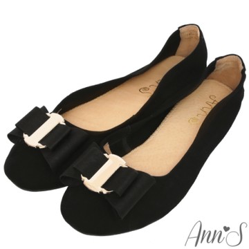 Ann’S甜蜜物語-立體雙層蝴蝶結全真皮平底娃娃鞋-黑