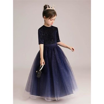 兒童主持人禮服女童星空鋼琴演出服小女孩深藍色漸變表演服公主裙