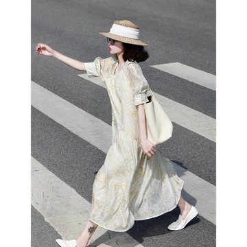 法式泡泡袖雪紡連衣裙女夏季小眾設計高級感超好看寬松氣質長裙子