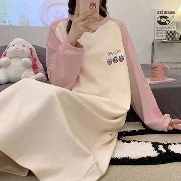 大尺碼睡裙女春秋季卡通長袖寬鬆特大碼胖mm長款睡衣外穿家居服女生睡裙 可愛睡裙 卡通睡衣 居家睡裙  休閒睡裙 寬鬆睡裙