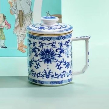 唐山骨瓷青花琺瑯彩茶漏杯帶蓋帶茶濾芯陶瓷禮盒裝中式大容量茶杯