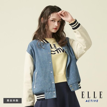 ELLE ACTIVE-男女共款 經典牛仔棒球外套-藍