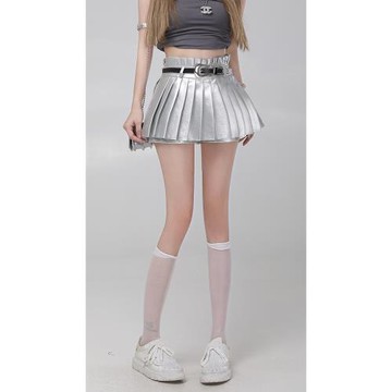 小P衣站美式辣妹銀色百褶小皮裙女小個子高級感裙子高腰a字半身裙