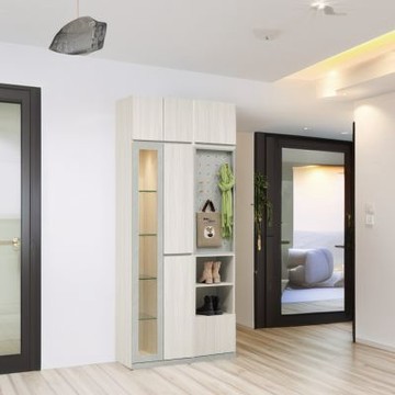 文創集 古爵3.3尺玻璃六門加高玄關座鞋櫃組合(內置LED氛圍燈＋可活動收納座鞋椅凳)-100x40x236cm免組