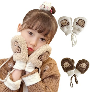 Baby童衣 兒童手套 韓版卡通小熊加絨保暖連指掛脖手套 寶寶手套 88975