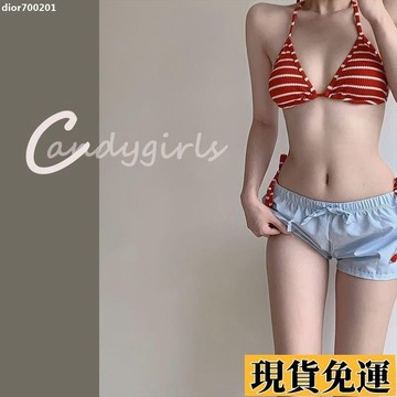 【台灣出貨】 熱銷紅色條紋泳衣女新款溫泉分體歐美性感純慾度假風比基尼 比基尼套裝 海邊泳衣沙灘比基尼 泳衣性感泳衣單三點