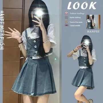 【砂糖夢境】三件套裝網紅炸街設計感夏季新款薄款牛仔吊帶背心疊穿襯衣百褶裙