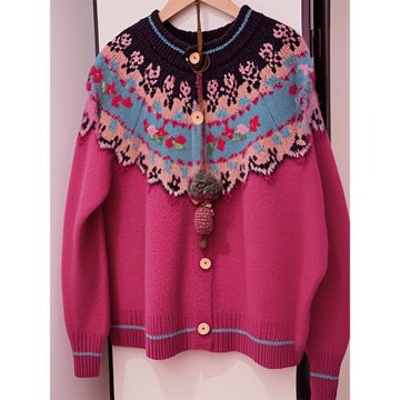 (免運)2024新款慵懶風軟糯高級感玫紅色費爾島毛衣針織開衫外套女冬