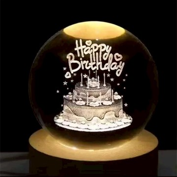 ALL SPLENDID 生日蛋糕 水晶球 6cm + USB實木燈座 7 x 2cm  生日蛋糕 透明色 + 暖光