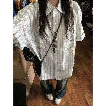 韓國chic夏季法式氣質polo領中長開衫上衣寬松百搭條紋短袖襯衫女