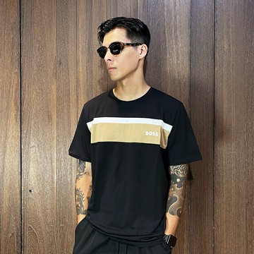 美國百分百【全新真品】BOSS 短袖 棉質 T恤 圓領 T-shirt 休閒 上衣 LOGO 短T 黑色 CP89