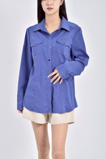 (S) five pence棉質素面特殊鈕扣設計藍色襯衫上衣