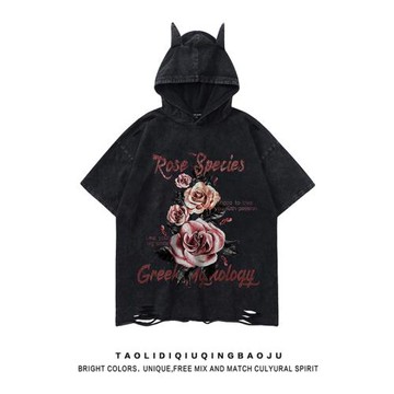 美式字母花卉印花破洞下擺短袖T恤女夏季街頭潮牌休閑百搭連帽衫