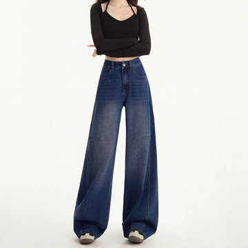 胖胖美依 寬褲 長褲 牛仔褲S-2XL個性原宿風闊腿牛仔褲春秋季設計感寬鬆顯瘦顯高拖地牛仔褲-7994.