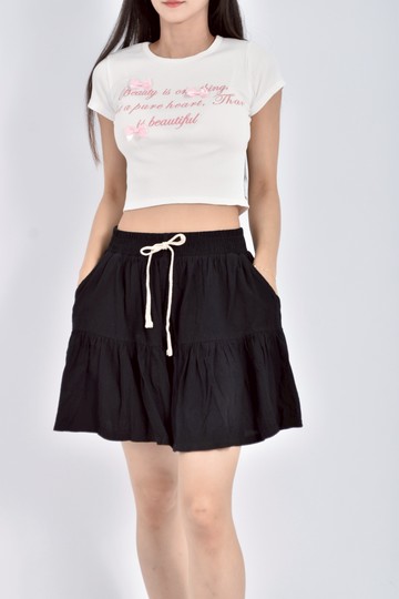 (S) 高腰棉質鬆緊腰黑色短褲