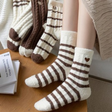胖胖美依  襪子  保暖襪  中筒襪 美拉德暖絨襪子女中筒冬季保暖抗寒輕暖自發熱居家睡眠地板月子襪-12655.