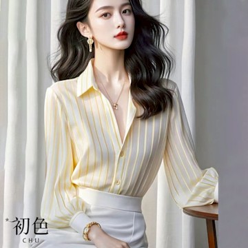 初色 法式直條紋翻領長袖襯衫上衣女上衣-黃色-10935(M-2XL可選)