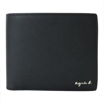 agnes b.草寫銀字LOGO防刮皮革附抽式卡夾短夾(素面黑)