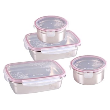 愛佳寶 304不鏽鋼保鮮盒組 分裝保鮮  2 個長方形容器 + 2 個長方形蓋子 + 2 個圓形容器 + 2 個圓形蓋子  1組