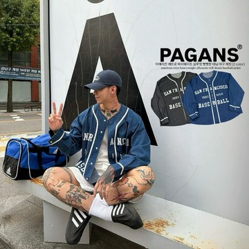 【PAGANS STORE】韓國 美式 復古 立體 字母 貼布繡 重磅 水洗 仿舊 棒球衫 球衣 牛仔 棒球 罩衫 外套