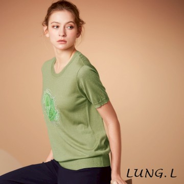 LUNG.L林佳樺 綠色前貼布繡燙鑽短袖女裝針織衫L850A