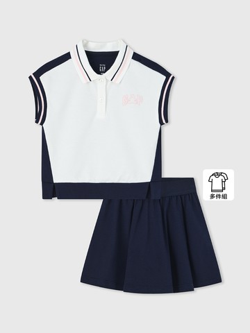 女幼童裝 Logo小熊印花翻領無袖短裙家居套裝-海軍藍