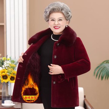 老年人水貂絨大衣女奶奶冬裝媽媽加絨加厚外套生日洋氣中長款棉衣