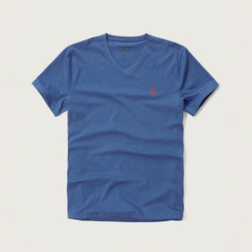 A&F 熱銷V領刺繡小麋鹿素面短袖T恤-藍色