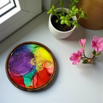 酒精墨水藝術優質胡桃木杯墊 - 蝴蝶 (H)