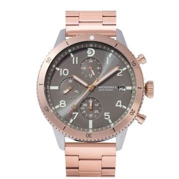 Discovery 探索自然 太陽能夜光潛水三眼腕錶 沙漠灰-鋼鍊帶玫金