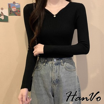 HanVo 韓版小V領直坑紋針織內搭 V領上衣 秋冬女裝 針織上衣 顯瘦上衣 內搭長袖 打底 氣質上衣 A02-0567