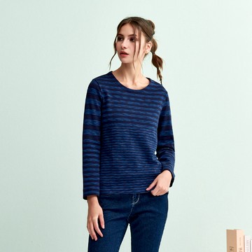 純棉條紋段染圓領長袖上衣(3色)