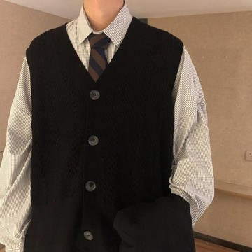 秋冬新款日系復古寬松美式潮流百搭黑色針織開衫背心毛衣馬甲男女