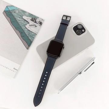Apple Watch 全系列通用錶帶 蘋果手錶替用錶帶 外層真皮 內層橡膠錶帶 深藍色#858-318-NBE