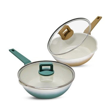 【mama cook 】馬卡龍漸層繽紛不沾煎炒鍋/鈦陶瓷/附蓋/24cm(棕梠咖/森林綠)