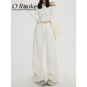 春夏新款lulu同款白色衛褲直筒慵懶休閑運動褲高腰寬松闊腿拖地褲