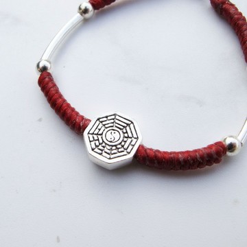 【小孩銀飾】出入平安 | 純銀八卦 蠟繩手鍊 保平安 | 大員囡仔