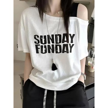 大碼胖mm斜肩吊帶短袖T恤女夏季新款設計感小眾寬松遮肉顯瘦上衣