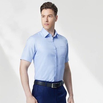 Pierre Cardin 吸濕排汗修身版防皺素色斜紋短袖襯衫_藍色(61256-32)