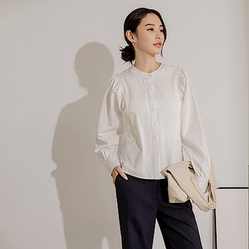 純棉中山領荷葉裝飾泡泡袖襯衫上衣-OB大尺碼
