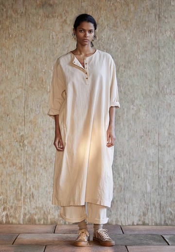 復古文青 棉麻植物染長袖連身裙 休閒袍子