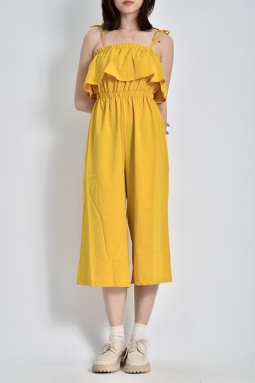 (S) 高腰質感細肩綁帶長褲黃色連身裝