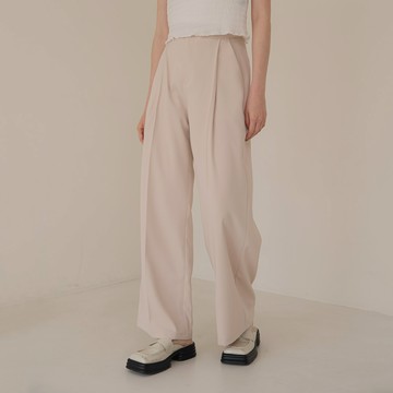 不對稱打褶直筒西裝褲-杏 S/M/L