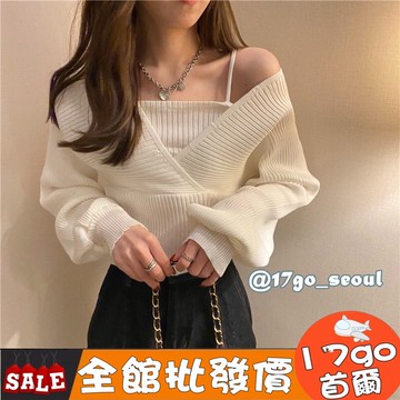 台灣現貨🔥 B14 氣質假兩件上衣 長袖針織上衣 韓版寬鬆加厚針織衫 長袖上衣 性感露肩針織上衣 假兩件針織 百搭針織衣