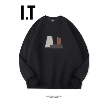 香港潮牌簡約加絨衛衣男春秋圓領寬松抽象藝術印花無帽加厚外套男