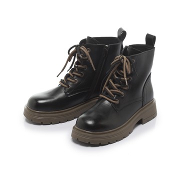 軟實力 復古雙色綁帶低筒厚底軍靴 黑 (7D3084)