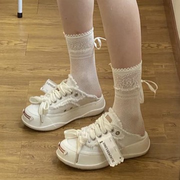 超人少女復古兩穿系繩綁帶蝴蝶結網眼提花女JK短襪蕾絲花邊中筒襪