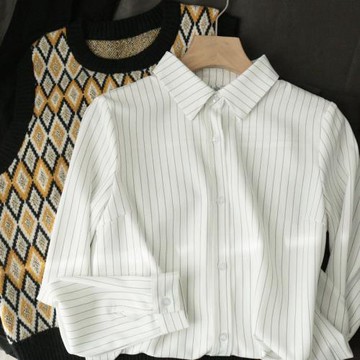 超值推薦簡約條紋通勤基礎款顯瘦翻領襯衫垂順百搭襯衣女24春夏